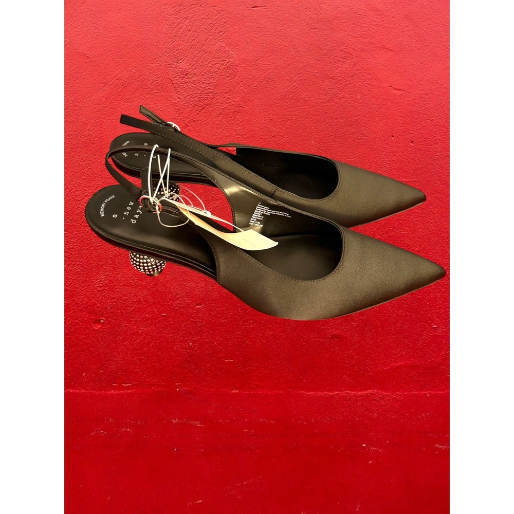 A New Day Black Satin Rhinestone Orb Heel Slingback Pumps Size 11